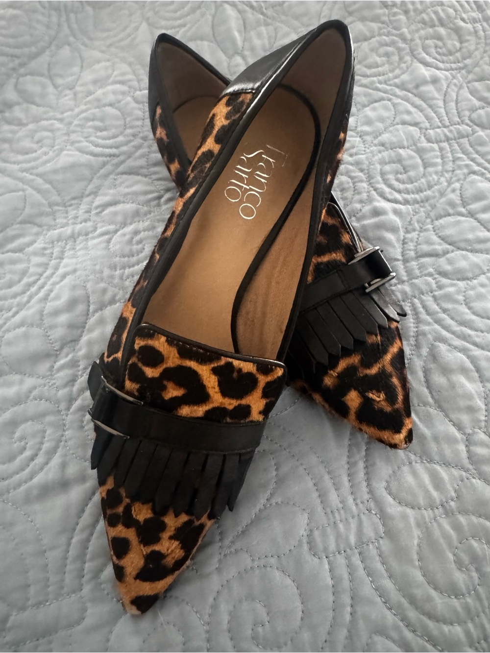 Franco Sarto Leopard Print Pointed-Toe Fringe Loafers - Brown/Black